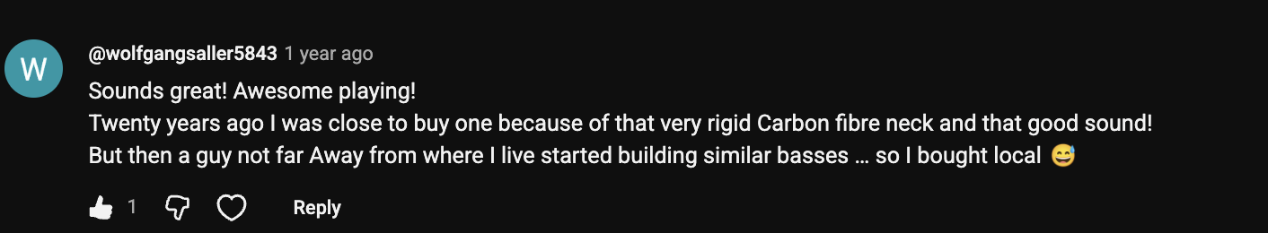 YouTube comment by @wolfgangsaller5843 under "1997 Zon Sonus Custom 5-String: Pure Tone, No Talking": Sounds great! Awesome playing! Twenty years ago I was close to buy one because of that very rigid Carbon…