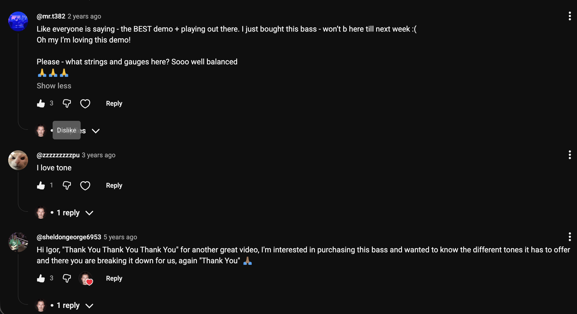 YouTube comment by @mr.t382 under "99.5% Like Ratio. This Bass Deserves It.": Like everyone is saying - the BEST demo + playing out there. I just bought this bass - won't b here till next…