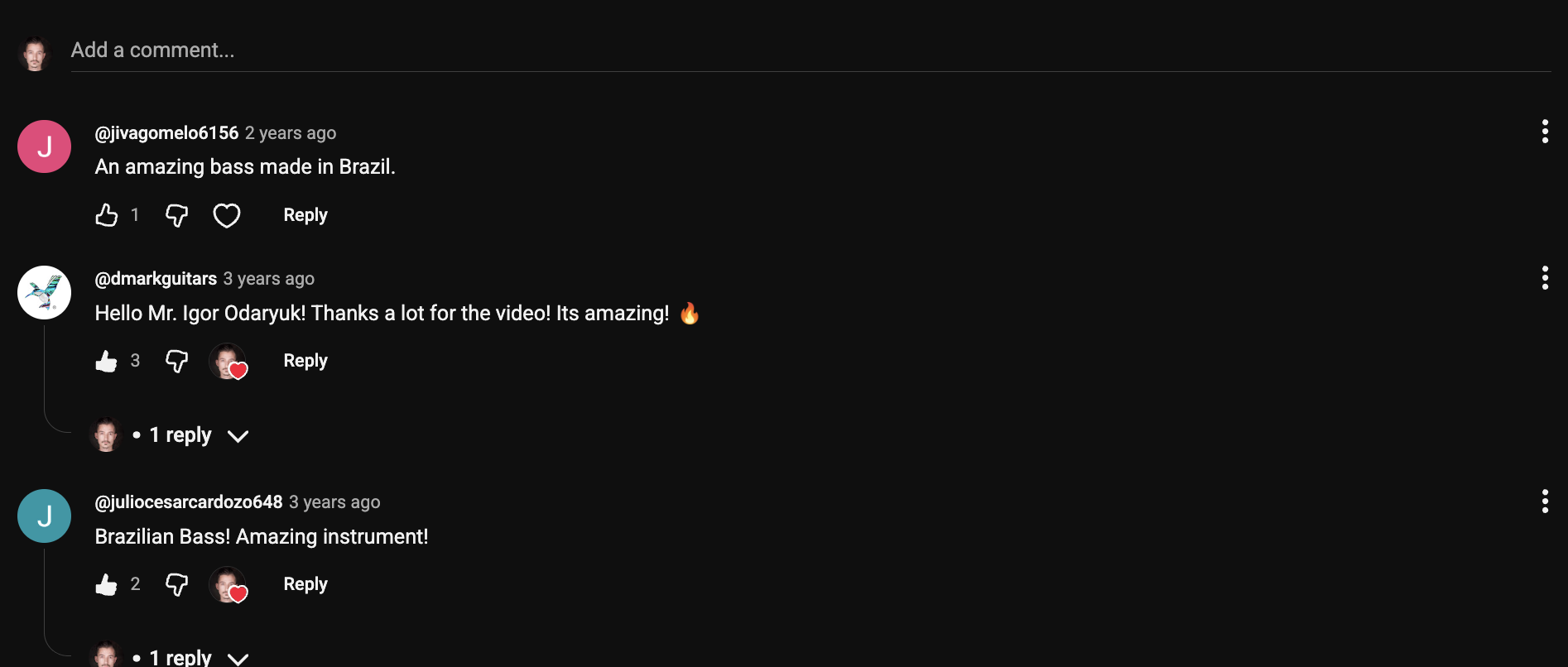 YouTube comment by @dmarkguitars under "German-Made Warwick Corvette Bubinga: Worth the Premium?": Hello Mr. Igor Odaryuk! Thanks a lot for the video! Its amazing! 🔥