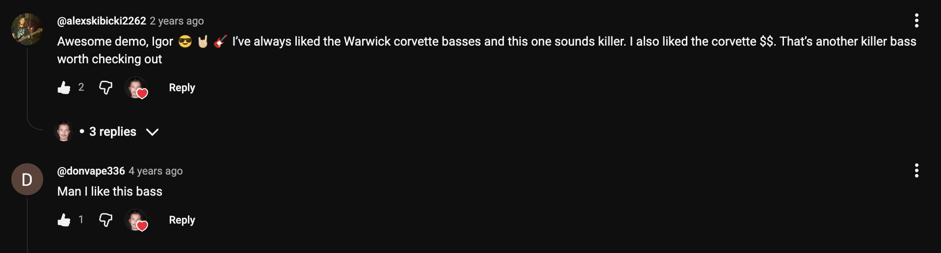 YouTube comment by @alexskibicki2262 under "German Warwick Corvette Ash 5-String: Honest Pro Review": Awesome demo, Igor 😎 🤘 🎸 I've always liked the Warwick corvette basses and this one sounds killer. I also…