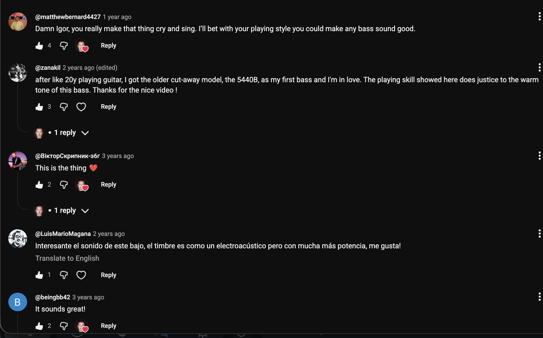 YouTube comment by @zanakil under "GRETSCH G5442BDC hollow-body BASS": after like 20y playing guitar, I got the older cut-away model, the 5440B, as my first bass and I'm in love.…