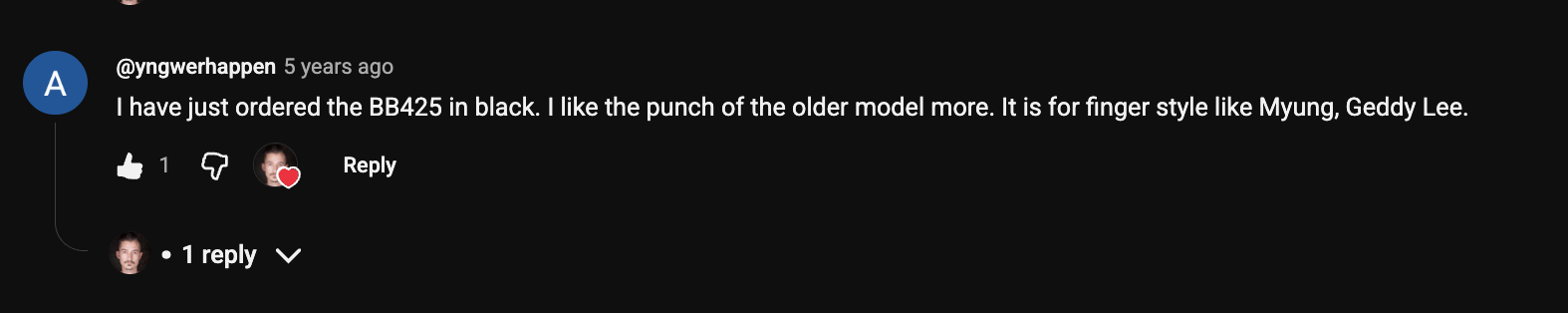 YouTube comment by @yngwerhappen under "I Bought All 4 Yamaha BB Basses. Only ONE Is Worth It.": I have just ordered the BB425 in black. I like the punch of the older model more. It is for finger style like…