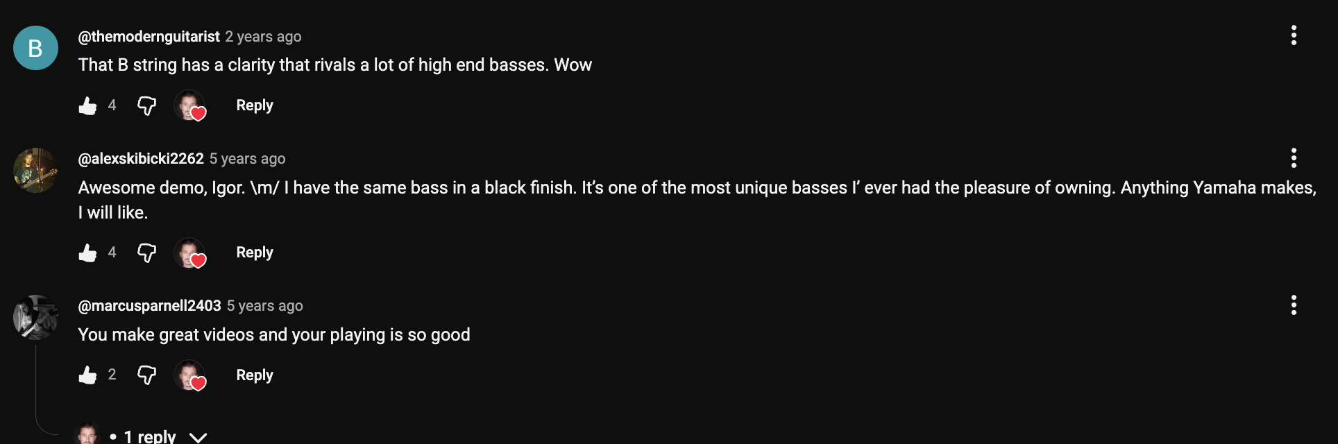 YouTube comment by @alexskibicki2262 under "I Upgraded from TRBX304 to TRBX505. Was It a Mistake?": Awesome demo, Igor. \m/ I have the same bass in a black finish. It's one of the most unique basses I' ever…