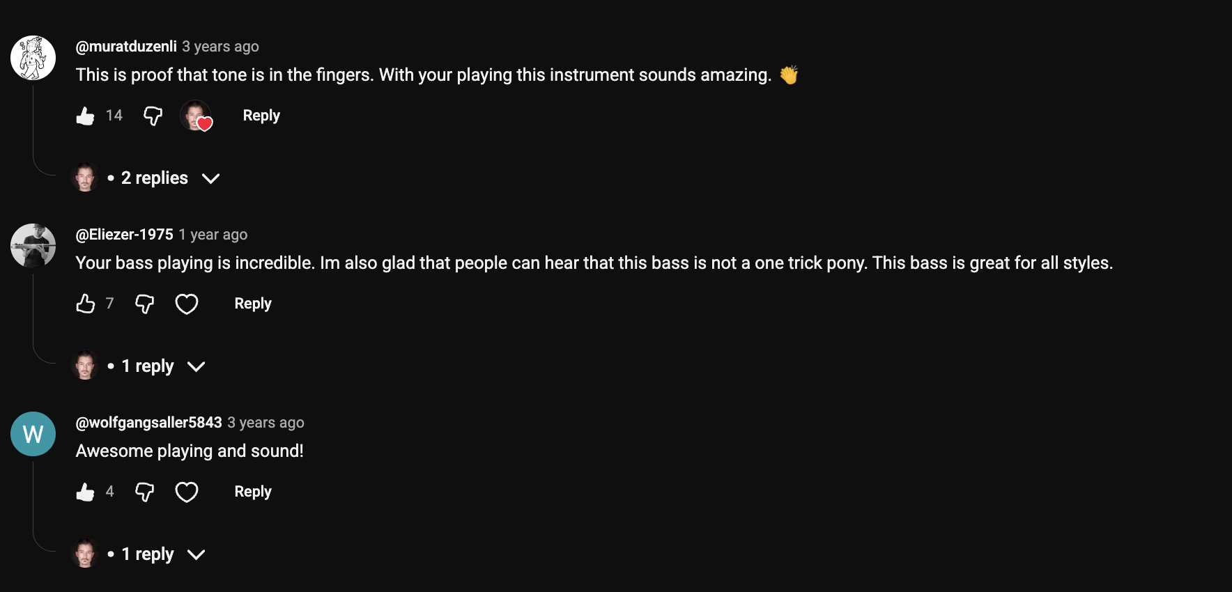 YouTube comment by @muratduzenli under "Ibanez EHB1005: 3 Things Nobody Warns You About": This is proof that tone is in the fingers. With your playing this instrument sounds amazing. 👏