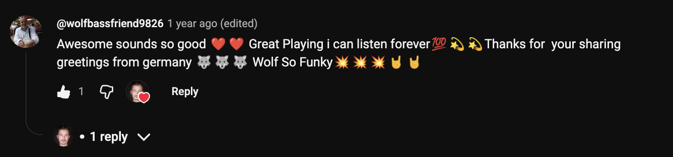YouTube comment by @wolfbassfriend9826 under "Ibanez EHB1005: 3 Things Nobody Warns You About": Awesome sounds so good ❤️ ❤️ Great Playing i can listen forever💯💫 💫 Thanks for your sharing greetings from…