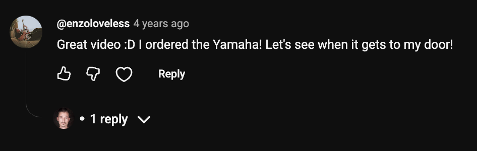 YouTube comment by @enzoloveless under "Japan's Two Best Basses Go Head to Head. The Winner Surprised Me.": Great video :D I ordered the Yamaha! Let's see when it gets to my door!