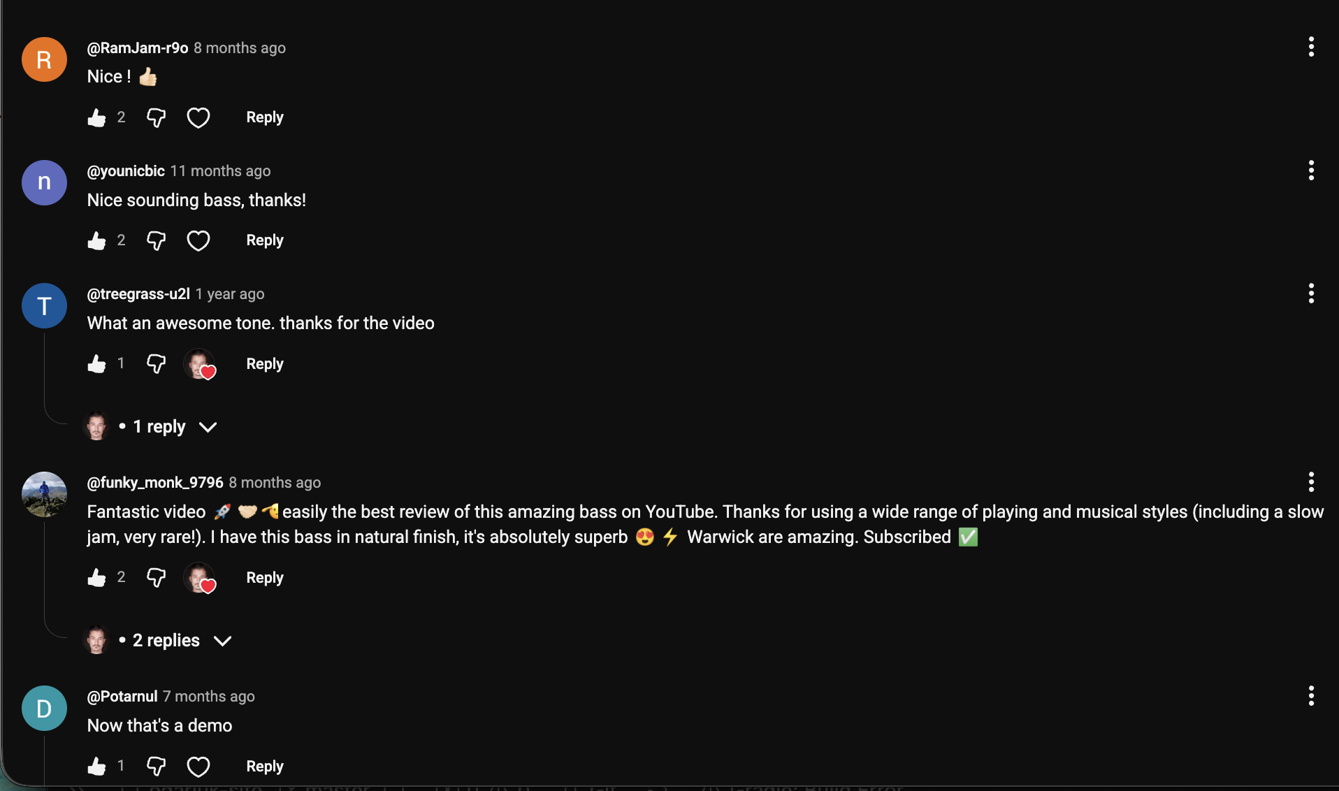 YouTube comment by @funky_monk_9796 under "New Warwick RockBass Corvette 5-String (2026) — Is It Still a Real Warwick?": Fantastic video 🚀 🤝🎸easily the best review of this amazing bass on YouTube. Thanks for using a wide range of…