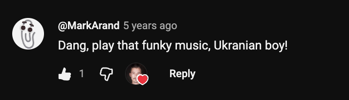 YouTube comment by @MarkArand under "Small Hands? Short Scale Bass Changed Everything for Me.": Dang, play that funky music, Ukranian boy!