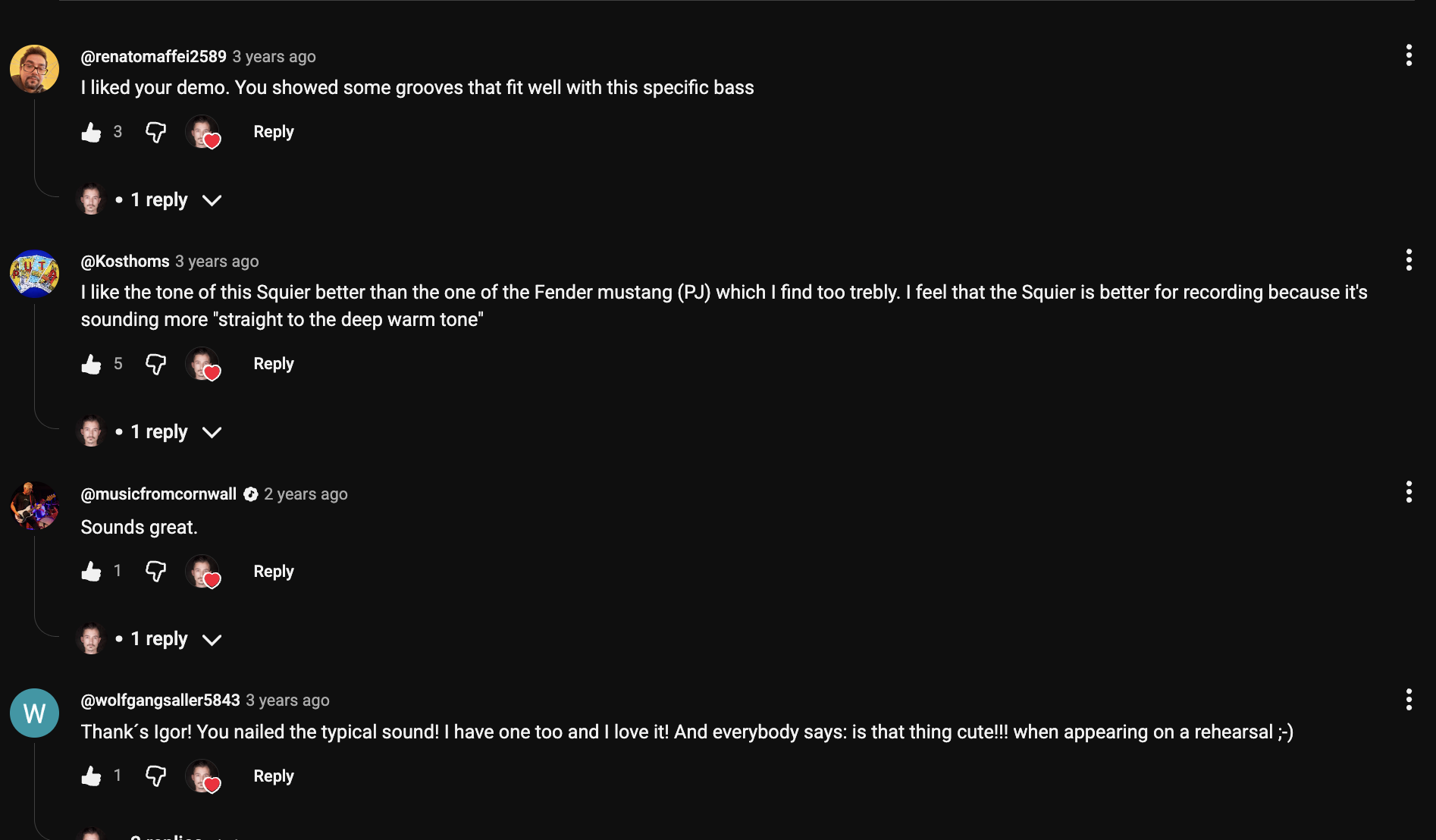 YouTube comment by @wolfgangsaller5843 under "SQUIER by FENDER CLASSIC VIBE '60s MUSTANG BASS REVIEW": Thank´s Igor! You nailed the typical sound! I have one too and I love it! And everybody says: is that thing…