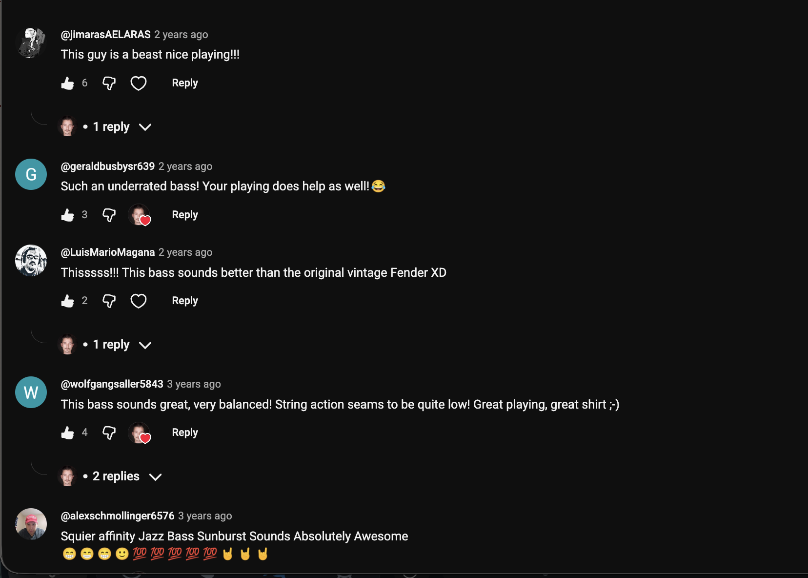YouTube comment by @jimarasAELARAS under "The $250 Bass That Professionals Actually Use (Squier Affinity Jazz)": This guy is a beast nice playing!!!