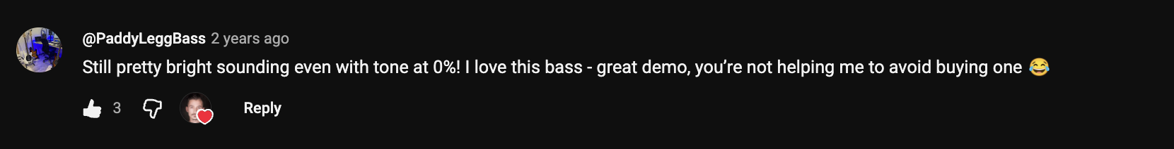 YouTube comment by @PaddyLeggBass under "The Bass That Makes Fender Nervous (Fujigen Mighty Jazz)": Still pretty bright sounding even with tone at 0%! I love this bass - great demo, you're not helping me to…