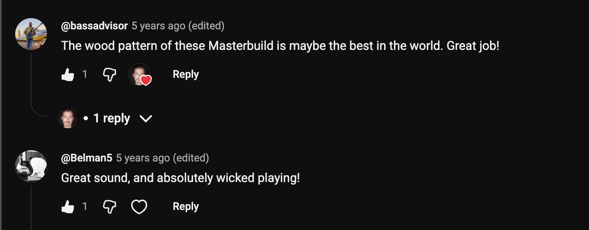 YouTube comment by @bassadvisor under "The One Knob That Changes EVERYTHING on Your Bass (Sadowsky VTC)": The wood pattern of these Masterbuild is maybe the best in the world. Great job!