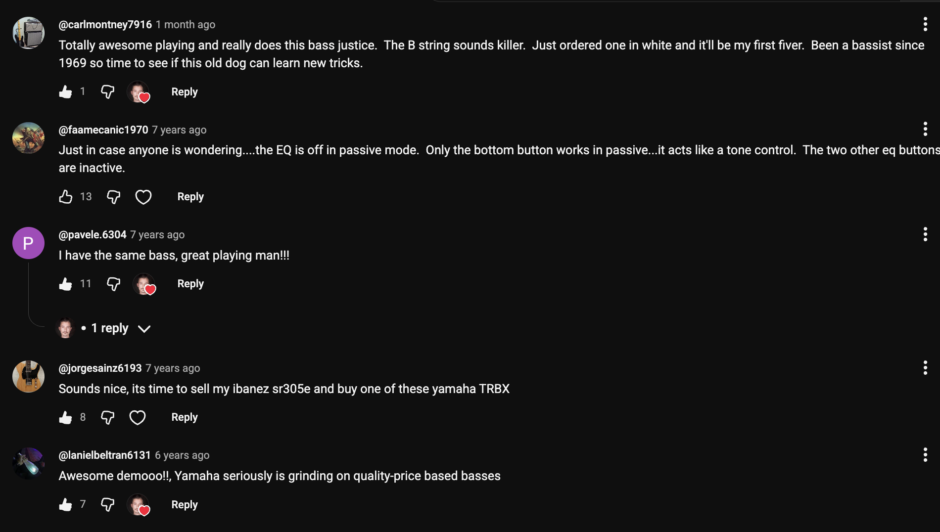 YouTube comment by @carlmontney7916 under "The Yamaha TRBX505 Has a Dirty Secret Nobody Mentions": Totally awesome playing and really does this bass justice. The B string sounds killer. Just ordered one in…