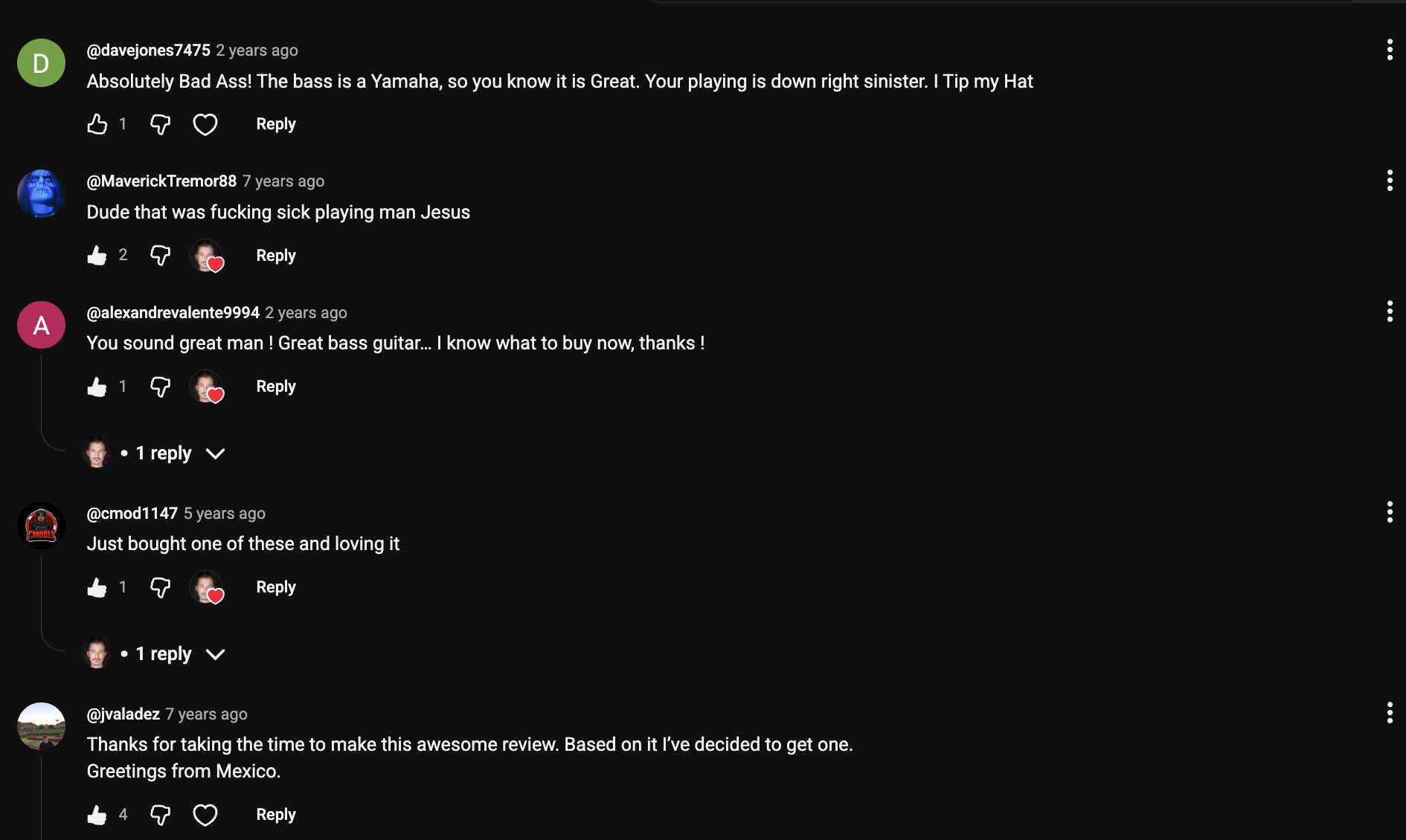 YouTube comment by @alexandrevalente9994 under "The Yamaha TRBX505 Has a Dirty Secret Nobody Mentions": You sound great man ! Great bass guitar… I know what to buy now, thanks !