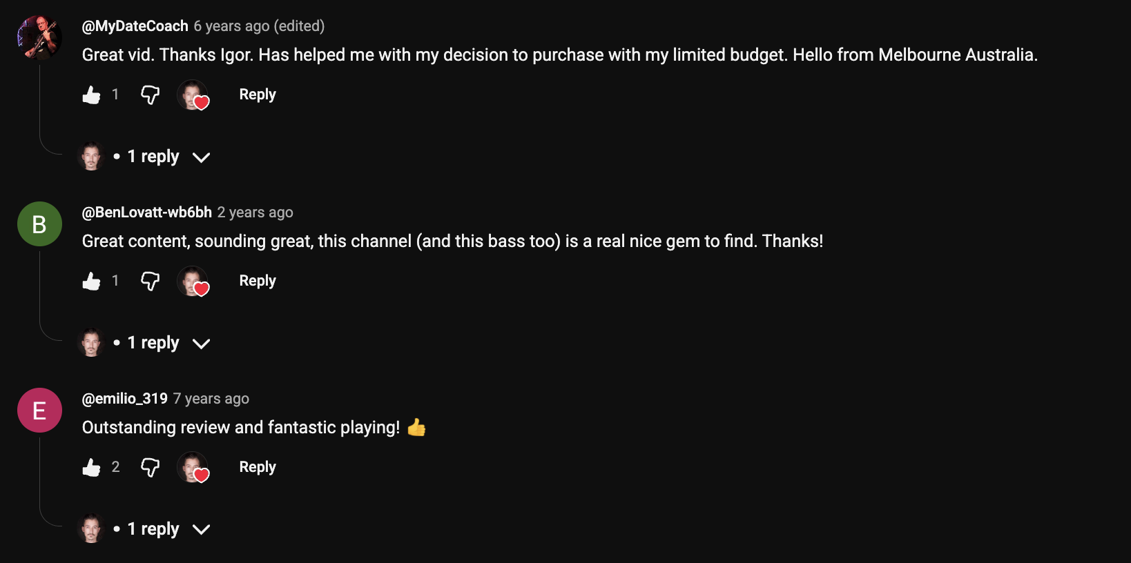 YouTube comment by @MyDateCoach under "The Yamaha TRBX505 Has a Dirty Secret Nobody Mentions": Great vid. Thanks Igor. Has helped me with my decision to purchase with my limited budget. Hello from…