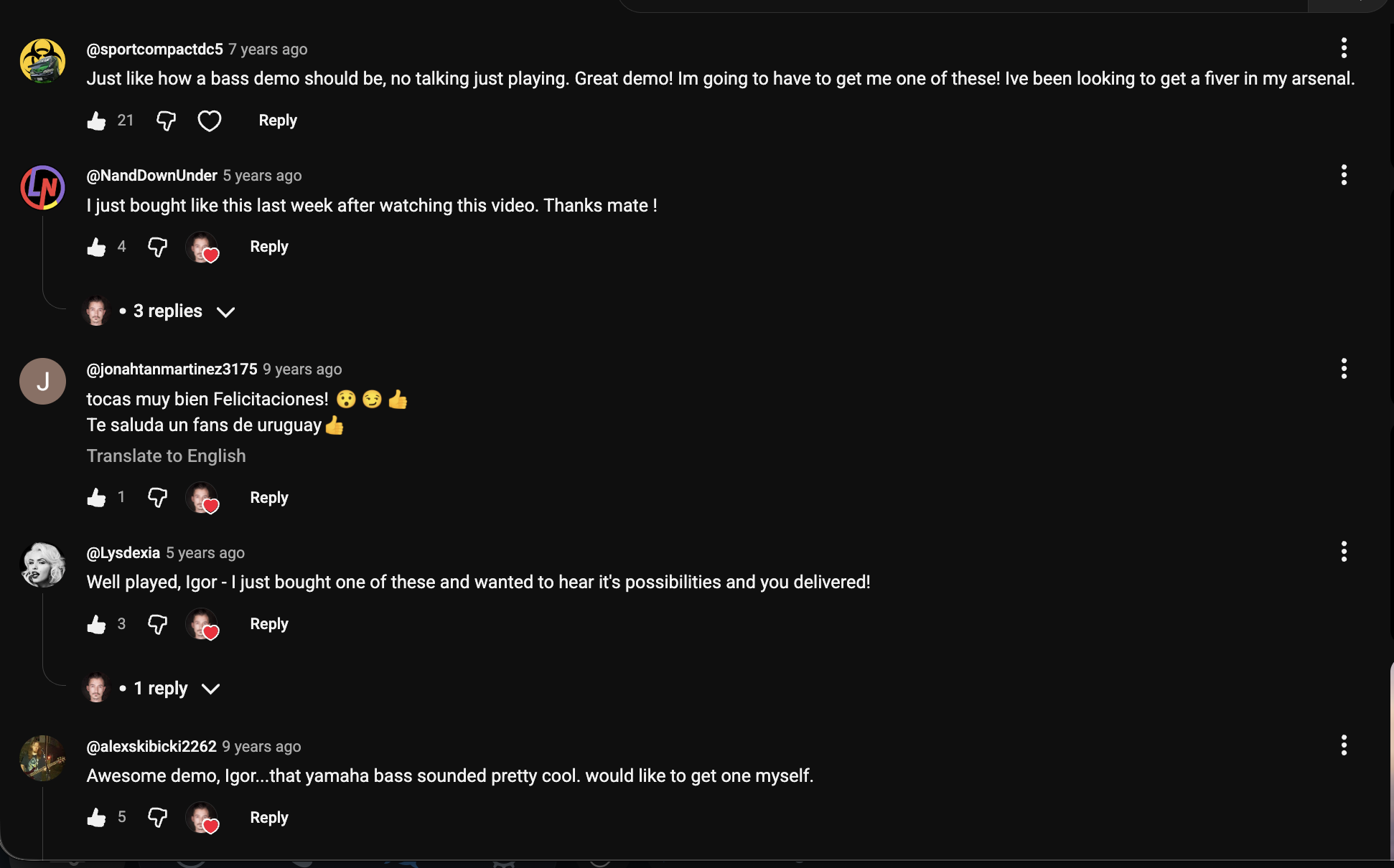 YouTube comment by @sportcompactdc5 under "This $350 Bass Embarrasses Guitars Twice Its Price": Just like how a bass demo should be, no talking just playing. Great demo! Im going to have to get me one of…