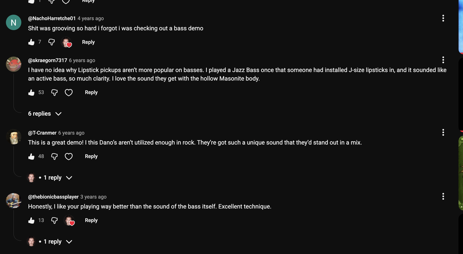 YouTube comment by @skraegorn7317 under "This Weird-Looking Bass Has the FATTEST Tone I've Ever Heard": I have no idea why Lipstick pickups aren't more popular on basses. I played a Jazz Bass once that someone had…