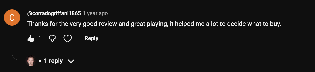 YouTube comment by @corradogriffani1865 under "Two Legendary P-Basses, 10 Years Apart. Which One Wins?": Thanks for the very good review and great playing, it helped me a lot to decide what to buy.